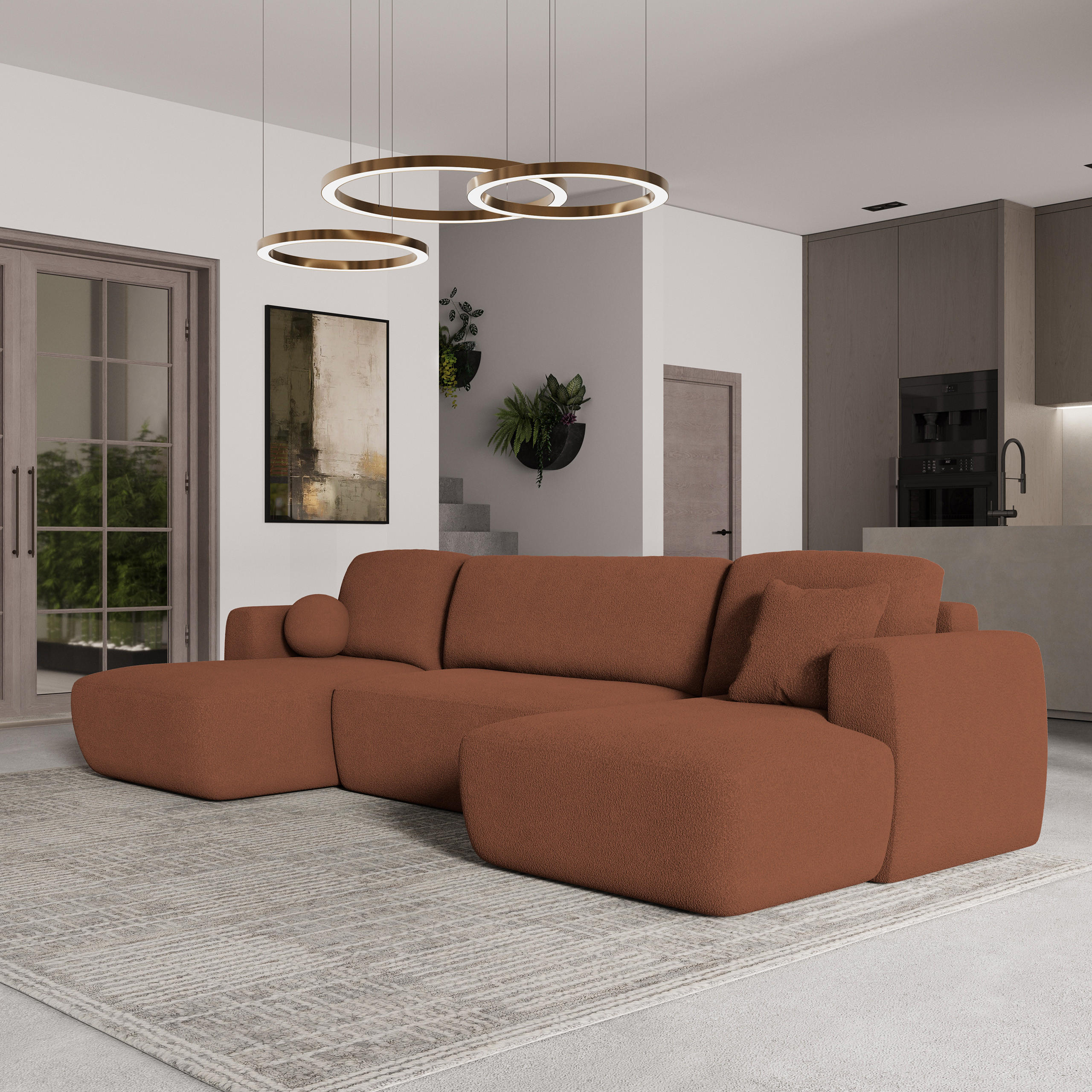 WOHNLANDSCHAFT SENTUM N Orange Boucle-Stoff mit Schlaffunktion - Orange, Holz (330/90/148cm) - MASSENO