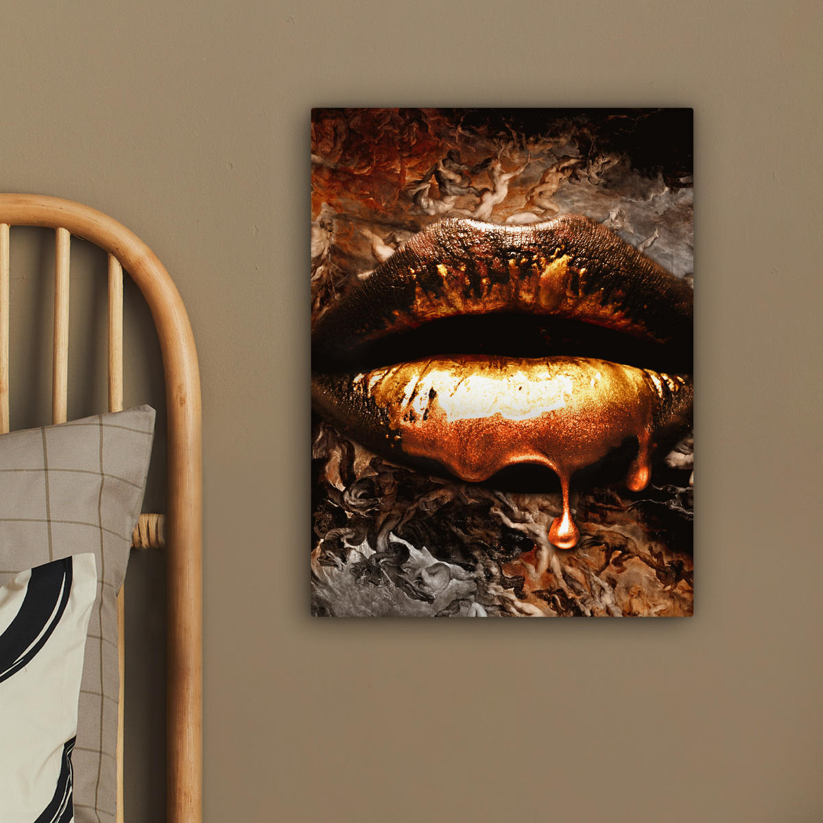 LEINWANDBILD Gold - Lippen - Kunst - Gold - Luxus - Abstrakt 30x40 cm - Kupferfarben, Textil (30/40cm) - MuchoWow