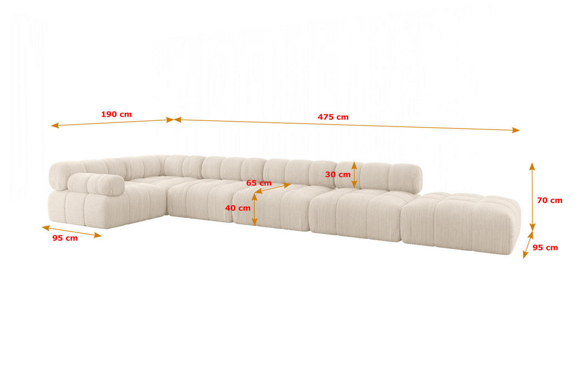 ECKSOFA modulares Sofa Felto-L3 - 475x190x70 cm Beige Cord - Beige, Holzwerkstoff/Textil (475/190cm) - ALTDECOR