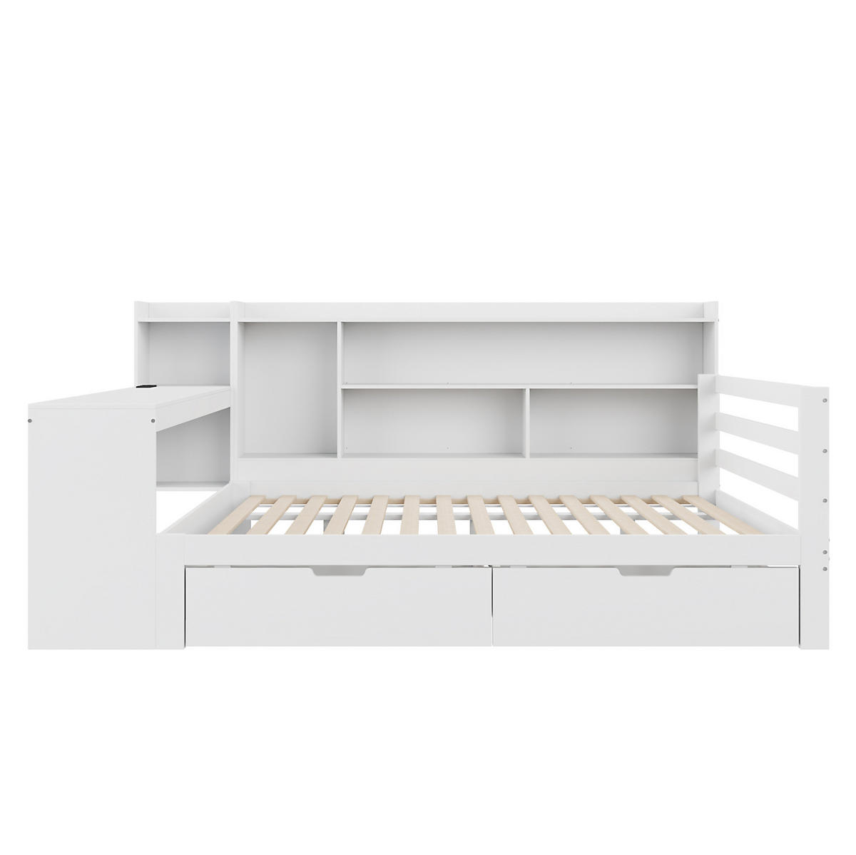 BETT 140x200 cm Weiß mit Schreibtisch, Regalen, USB-Anschluss und 2 Schubladen - Weiß, Holzwerkstoff (140/200cm) - Modfu