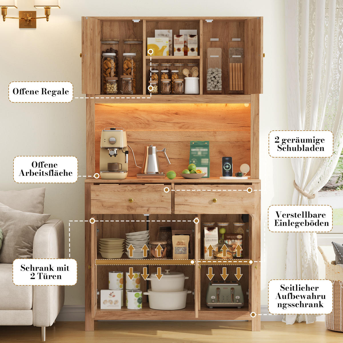 BUFFET DE-38637 100/40/180 cm LED-Beleuchtung und 5 Rattantüren Natur - Naturfarben, Holzwerkstoff (100/180/40cm) - ComfortXL