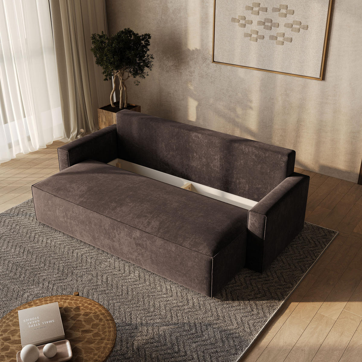 BETTSOFA MENI LM Braun Chenille-Stoff mit Schlaffunktion - Braun, Textil (232/85/87cm) - MASSENO