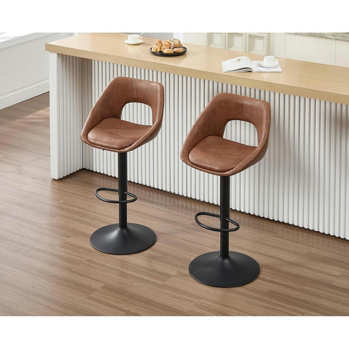 BARHOCKER 4er Set höhenverstellbar drehbar mit Rückenlehne und schwarzer Fußstütze, braun - Braun, Kunststoff (51/106.5/51cm)