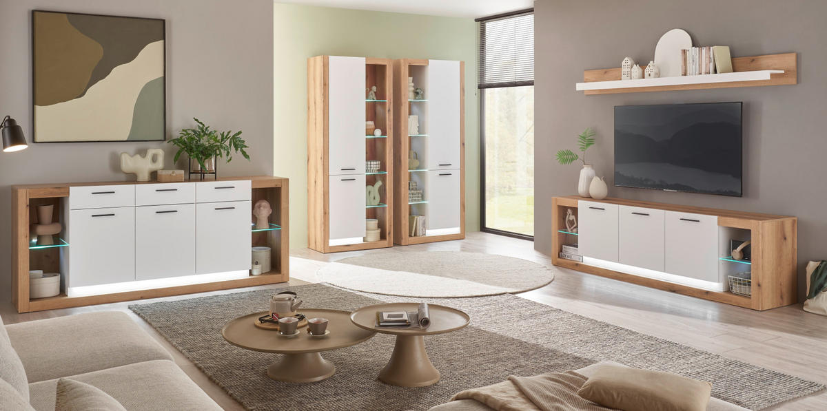 TV-LOWBOARD weiß matt, Evoke Eiche, TV Unterteil Komforthöhe XL-Board - Eichefarben/Silberfarben, Glas/Holzwerkstoff (198/61/43cm) - Furn.Design