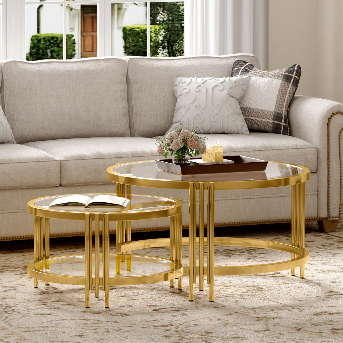 COUCHTISCH Wohnzimmertisch für couch Sofatisch mit abnehmbarer Tischplatte und Rutschfeste Saugnäpfe, bis 400 °C - Goldfarben, Glas/Metall (80/80/45cm) - STILVORA