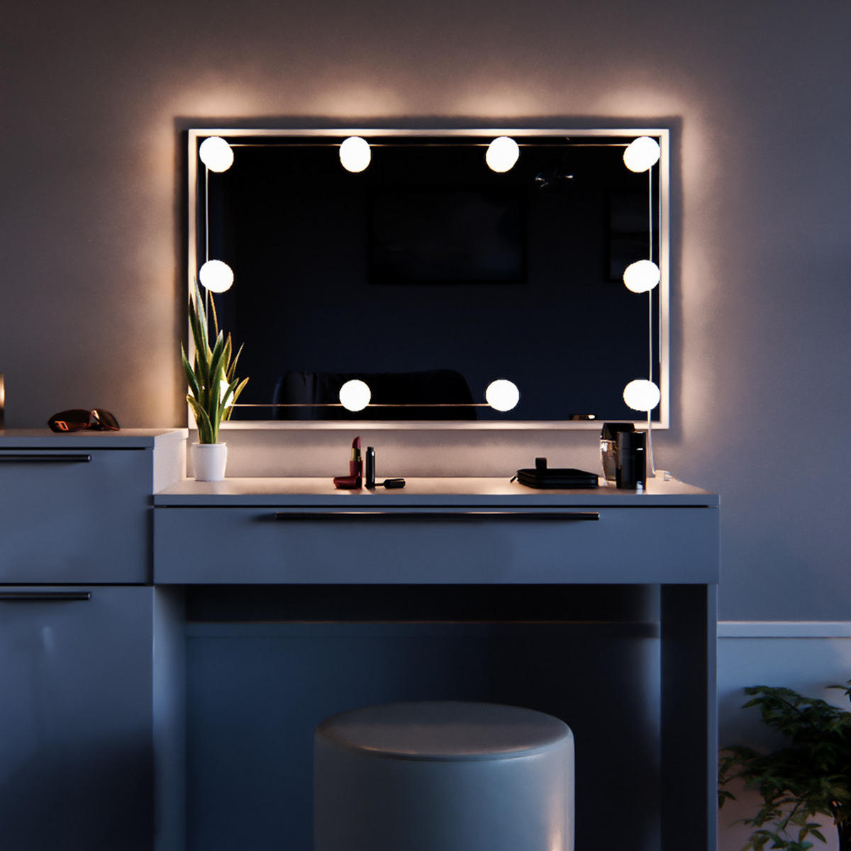 SCHMINKTISCH Lilli Weiß 135 cm mit LED Beleuchtung und Hocker - Weiß, Holzwerkstoff (135/90/39cm) - Vicco
