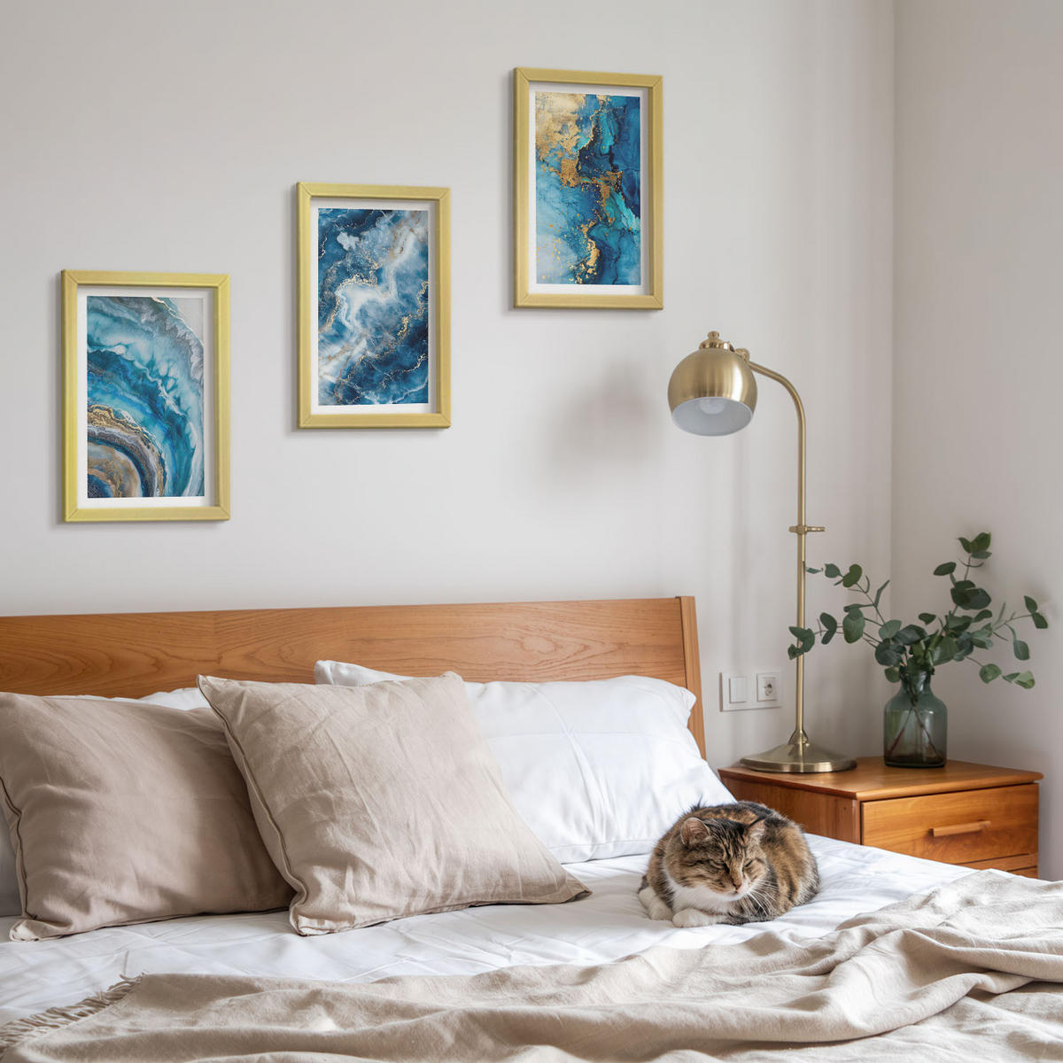 WANDBILDER 3er Set - 20x30 cm Goldrahmen - Blaue abstrakte Muster - Goldfarben, Kunststoff (20/30cm) - ArtPrintCave