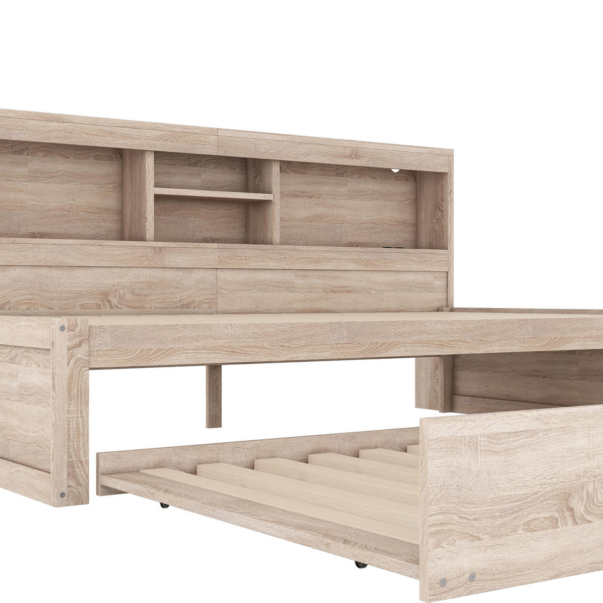 SCHLAFSOFA 90x200cm Natur LED-Licht Bettseite Staufach Ausziehbett USB - Naturfarben, Holz (90/200cm) - FLIEKS