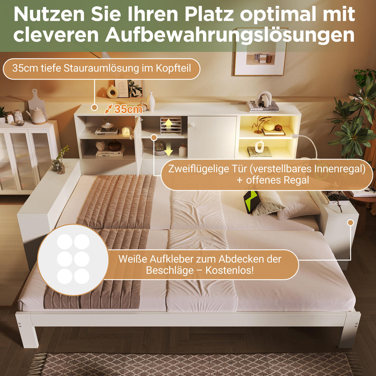 BETT 90/200 cm & 180/200 cm in Weiß mit Ausziehbett, Stauraum, USB, Type-C und LED Holz Design - Weiß, Holzwerkstoff (90/200cm) - STILVORA