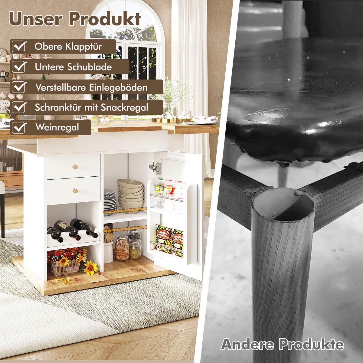 ESSTISCH 80/140/75 cm Weiß Natur aus MDF mit Stauraum und Auszug - Naturfarben, Holzwerkstoff (140/80/75cm) - OKWISH