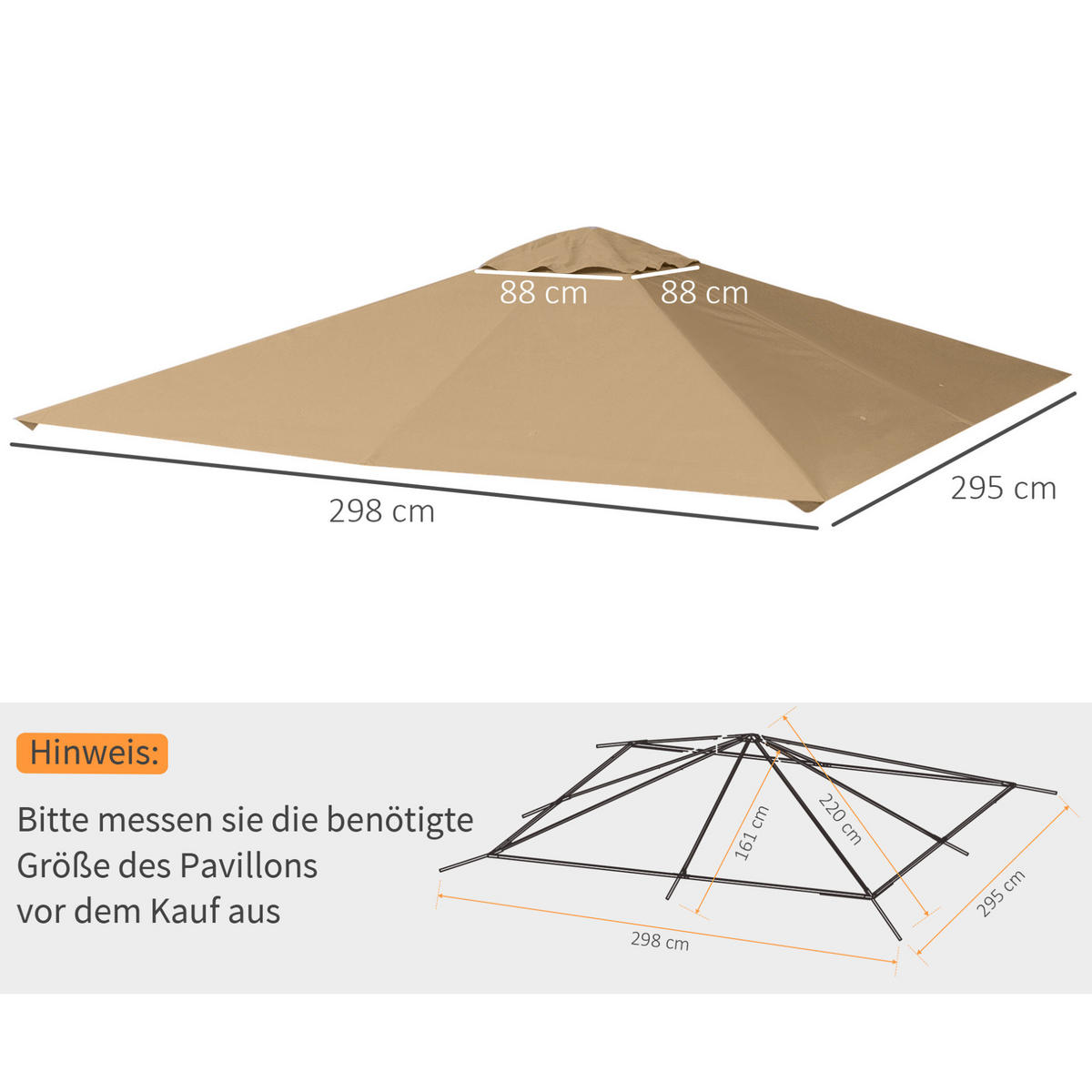 ERSATZDACH für Pavillon 298/295 cm aus Polyester mit PA-Beschichtung und 8 Entwässerungslöchern, Beige - Beige, Textil (295/1/298cm) - Redom