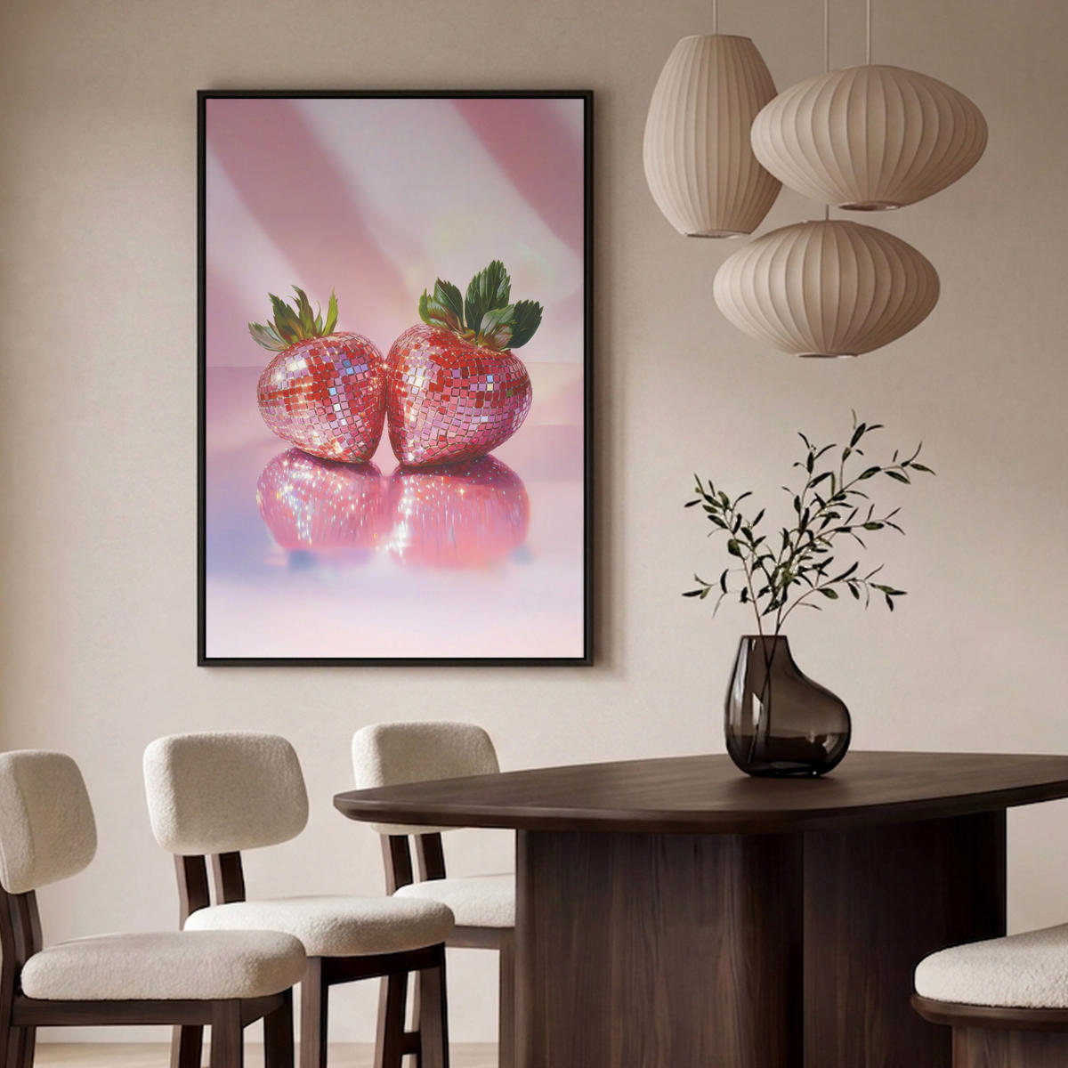 LEINWAND Bilder mit Rahmen - Disco - Obst - Glitzer - Erdbeere - 90x140 - Pink, Textil (90/140cm) - MuchoWow