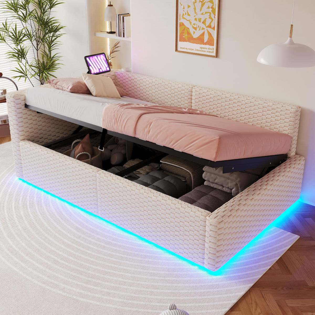 POLSTERBETT 90/200 cm Beige mit LED-Beleuchtung, USB-C-Anschluss und 2 USB-Anschlüssen - Beige, Textil (90/200cm) - Oxeza