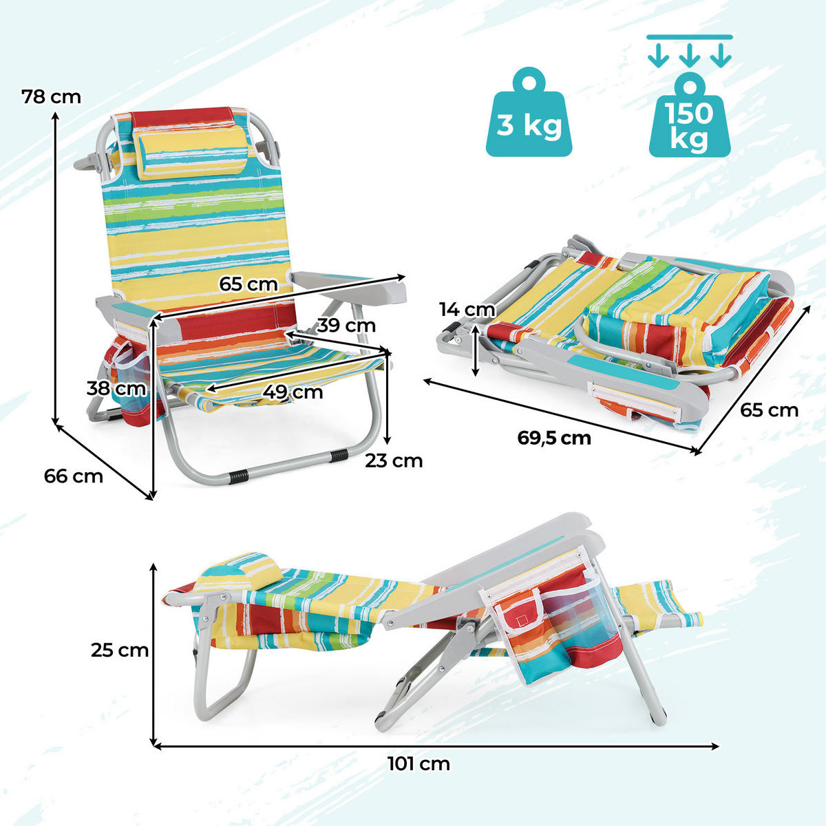 PLÁŽOVÁ ŽIDLE skládací barevná - různobarevná, kov (66/78/65cm) - COSTWAY