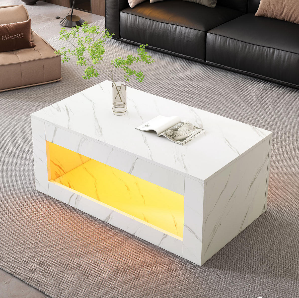 COUCHTISCH 100/50/50 cm mit USB-LED-Beleuchtung, Hochglanz und Marmordekor, Weiß - Weiß, Holzwerkstoff (100/50/50cm) - Redom
