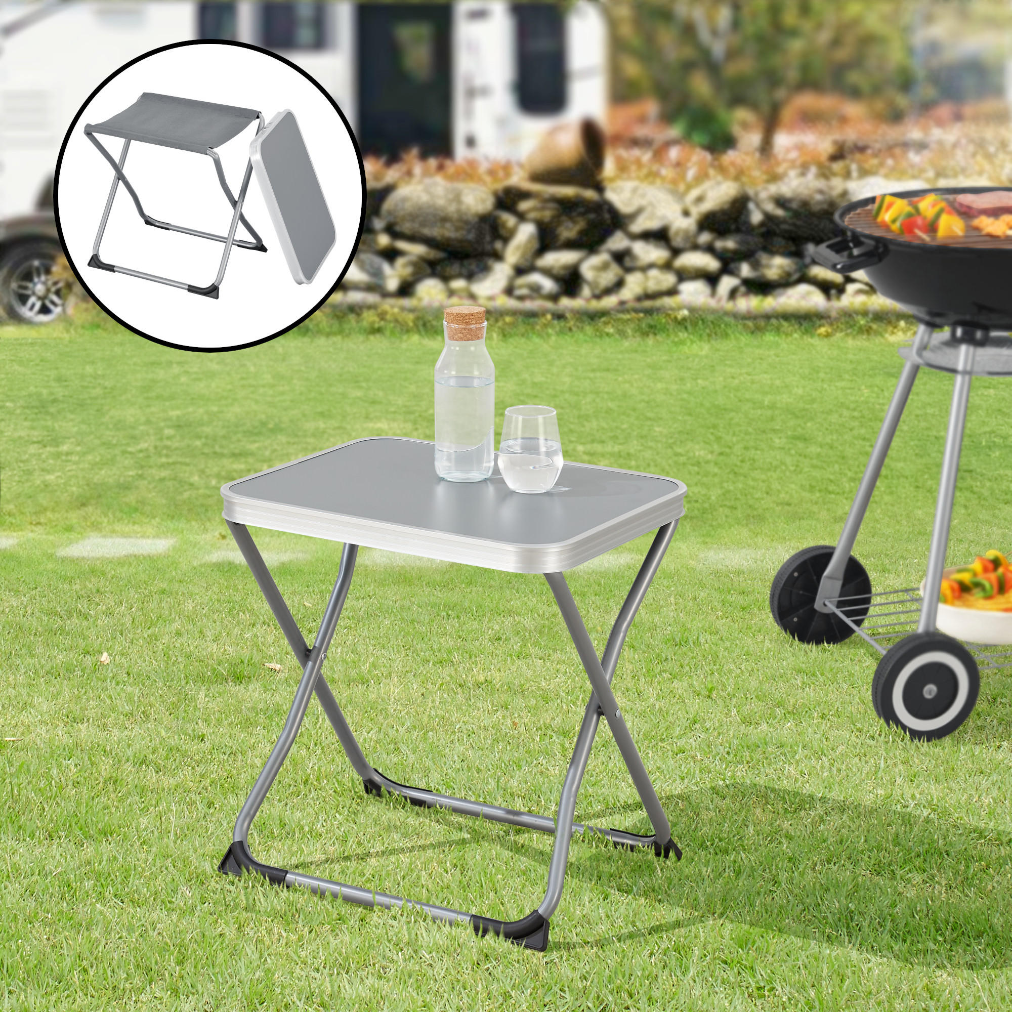 Thumbnail - [en.casa] Klapphocker, Grau, Metall, Textil, 1-Sitzer, 47x47x37 cm, Gartenmöbel, Gartenstühle, Gartenhocker