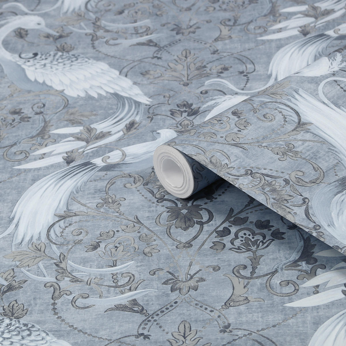 VLIESTAPETE Tregaron Midnight Blue | Blau | Damastmuster mit Kranichen | 10mx52cm - Blau, Papier/Kunststoff (52/1000cm) - Graham & Brown