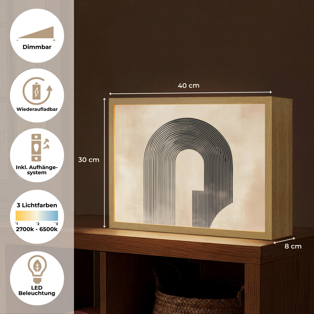 NÁSTĚNNÁ LAMPA S AKUMULÁTOREM Luk - Pruhy - Minimalistický - Černý 40x30 cm - béžová, kompozitní dřevo (40/30/8cm) - OnlyWow