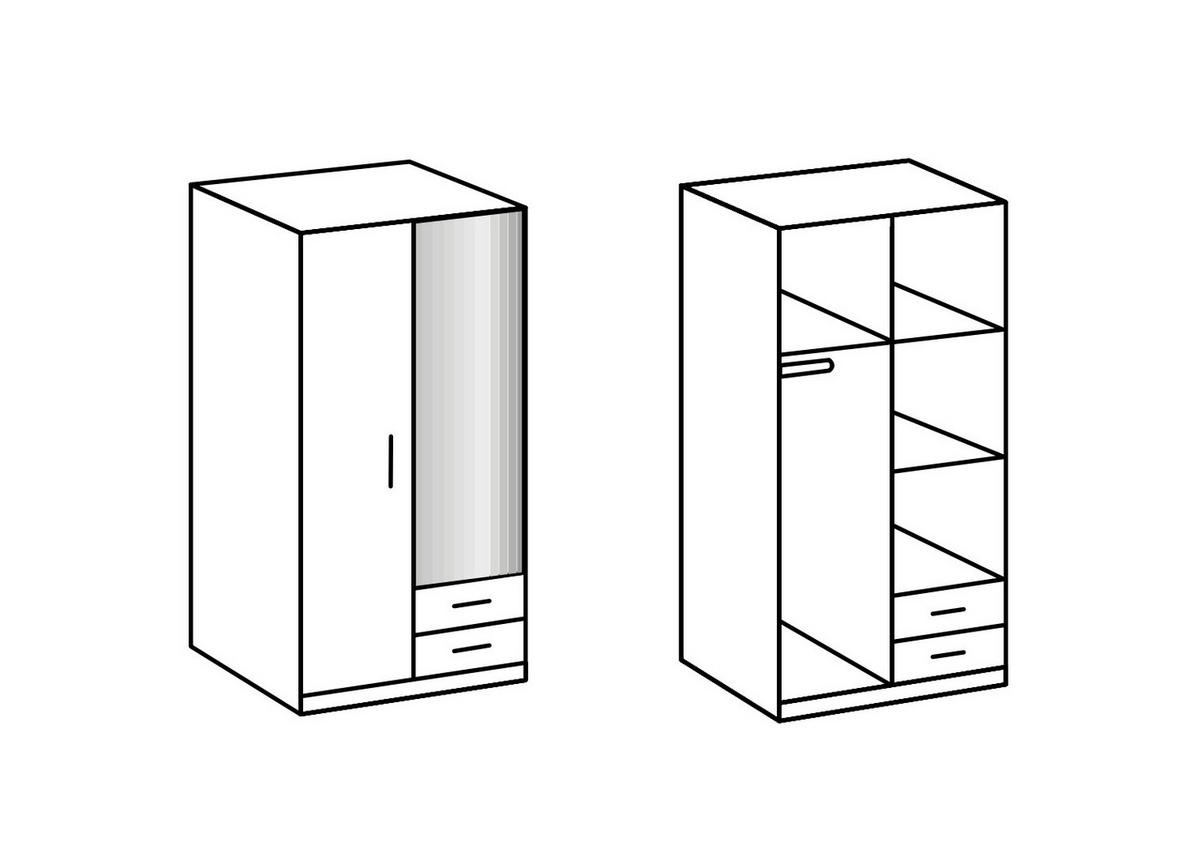 KLEIDERSCHRANK Greven in Hochglanz Lack Weiß mit Eiche Sägerau 91x199x58 cm (BxHxT) – Drehtürenschrank 2-türig mit Spiegeltür & Schubkästen - Weiß/Braun, Holzwerkstoff (120/200/80cm)