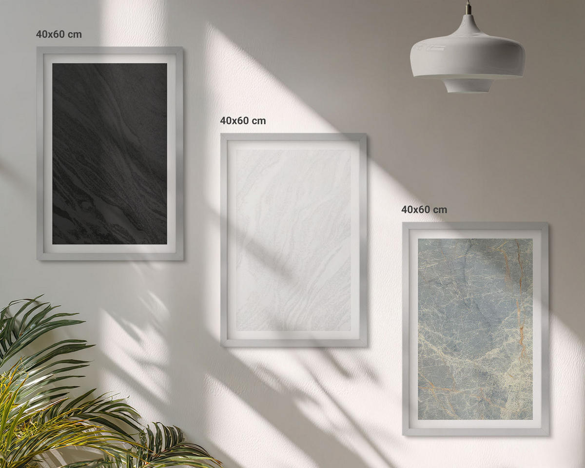 WANDBILDER 3er Set - 40x60 cm Silberner Rahmen - Die Farben eleganter Steinstrukturen - Silberfarben, Kunststoff (40/60cm) - ArtPrintCave