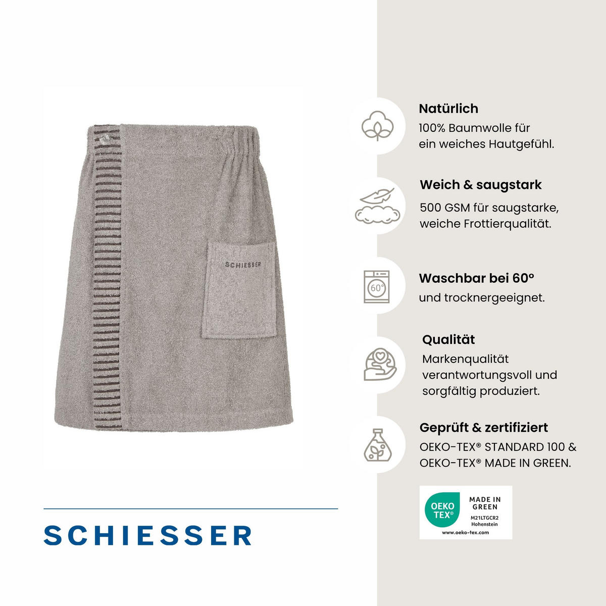 SAUNAKILT Rom Herren - 46-54 - Hellgrau - Hellgrau, Textil (55/150cm) - SCHIESSER