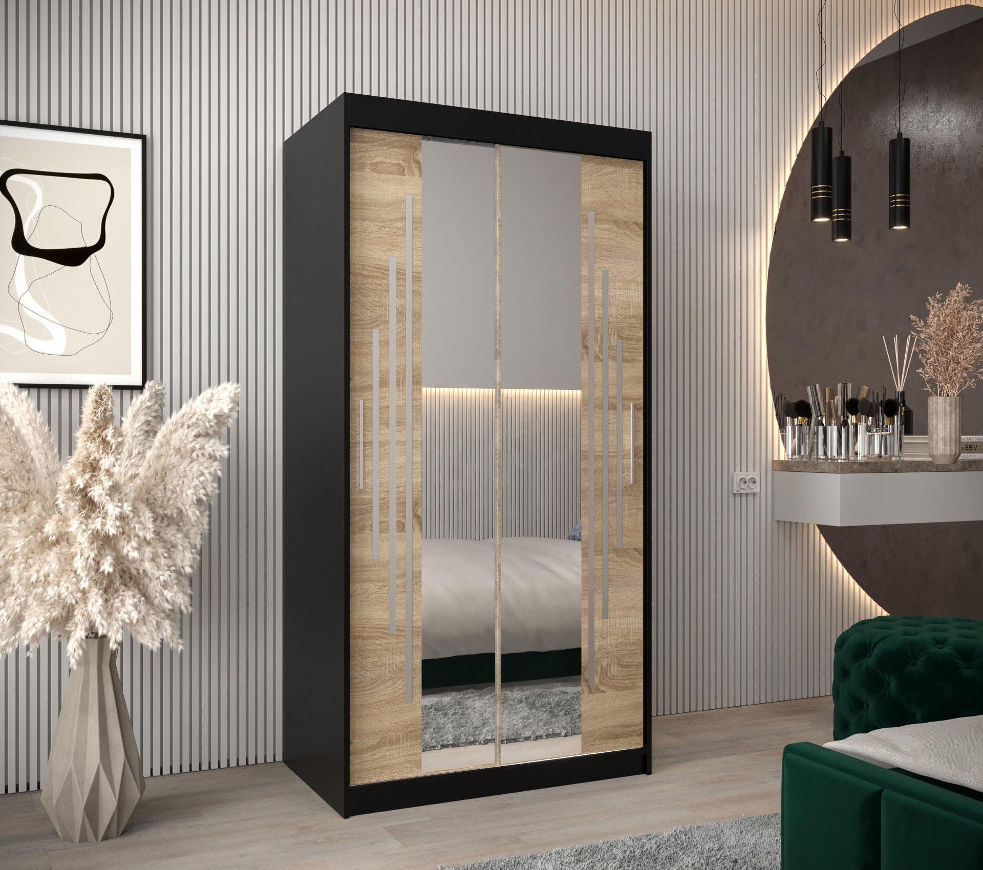 SCHWEBETÜRENSCHRANK 200/100/62 2-türig - Silberfarben/Schwarz, Holz/Kunststoff (100/200/62cm) - Abiks Möbel
