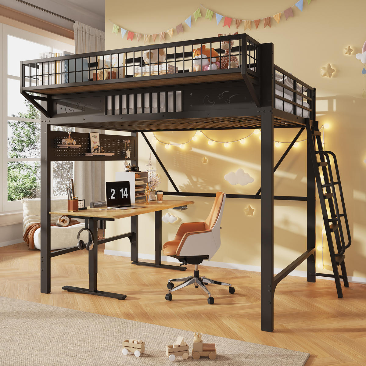 HOCHBETT 140/200 cm mit Staufächern und offener Ebene, DE-42030, in Schwarz - Schwarz, Metall (140/200cm) - ComfortXL
