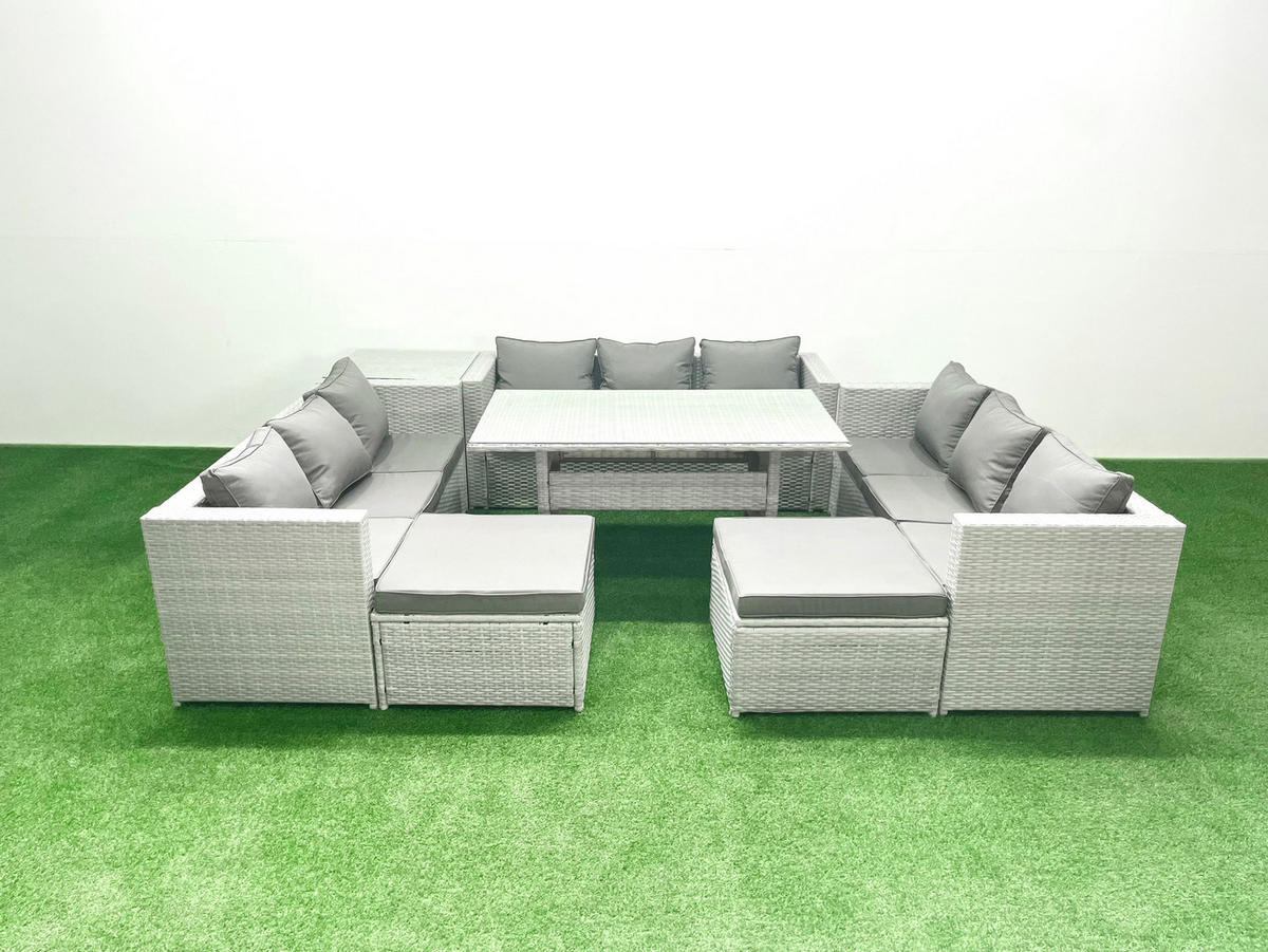 GARTENSET mit Esstisch,Sofa ,Beistelltisch,2 Großer Fußhocker Polyrattan Hellgrau 11-Sitzer - Hellgrau/Grau, Glas/Kunststoff - Fimous