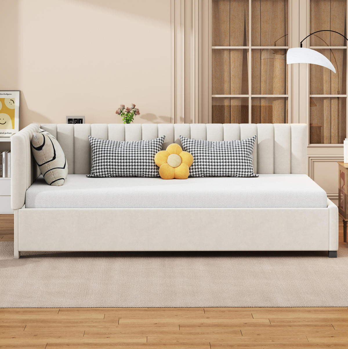 ČALOUNĚNÉ lůžko 90/200 cm béžové ze sametu s roštem a multifunkčním využitím - béžová, kůže (90/200cm) - OKWISH