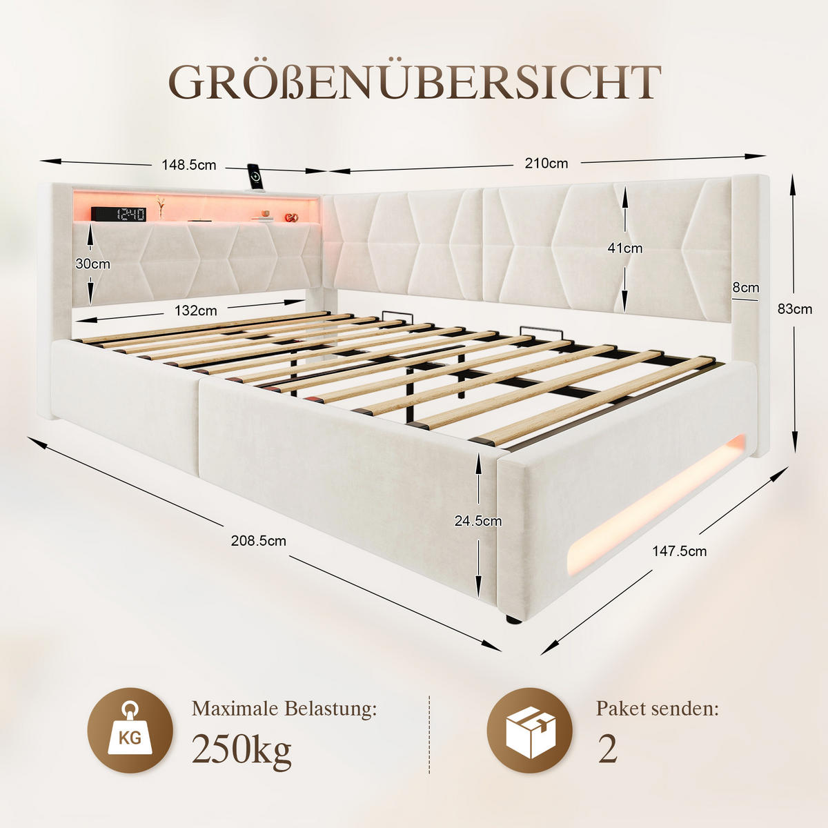 BOXBETT 140/200cm, LED/USB-C, Bettkasten, Lattenrost, Beige - Beige, Holz/Metall (140/200cm) - LVHOM