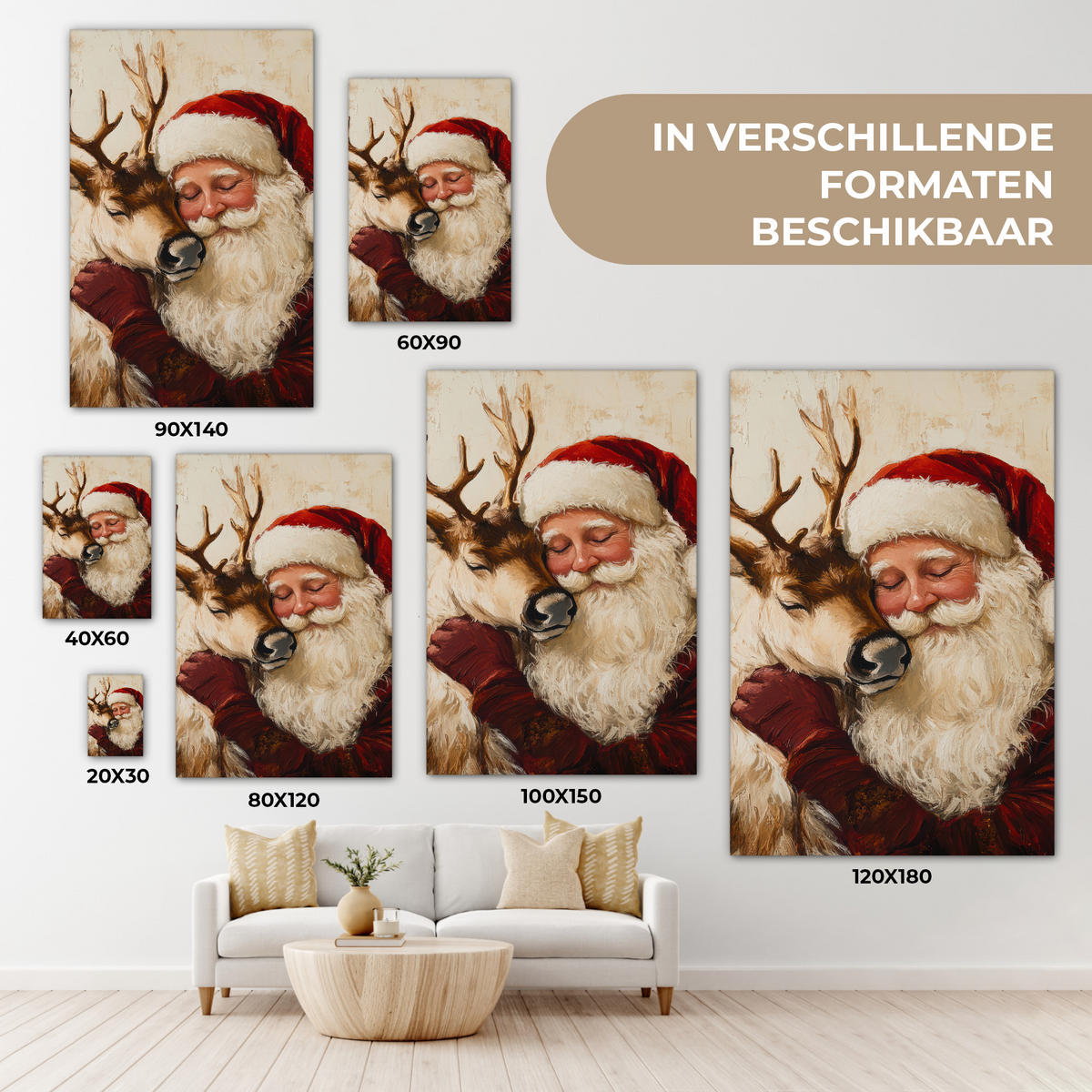LEINWANDBILD Weihnachtsmann - Rentier - Weihnachten 60x90 cm - Rotbraun, Textil (60/90cm) - MuchoWow