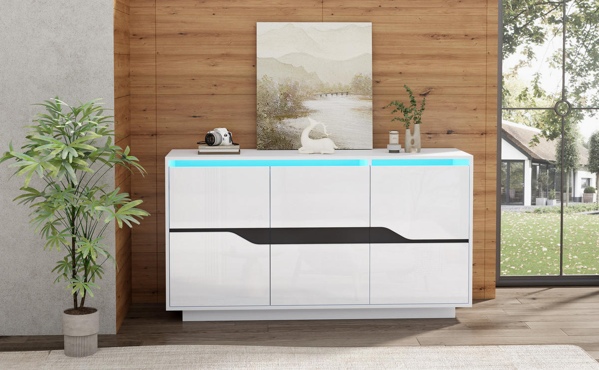 SIDEBOARD aus Spanplatte 140x40x70 cm Weiß/Schwarz mit LED-Beleuchtung, 3 Türen und verstellbaren Einlegeböden - Weiß, Holzwerkstoff (140/70/40cm) - Modfu