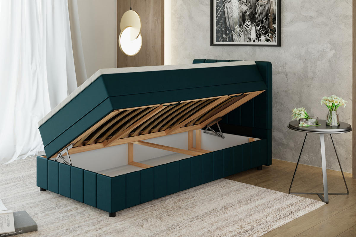 BOXBETT AVALON 100 x 200 cm mit Bettkasten und Topper - Türkis - Türkis, Holz - Panda Möbel
