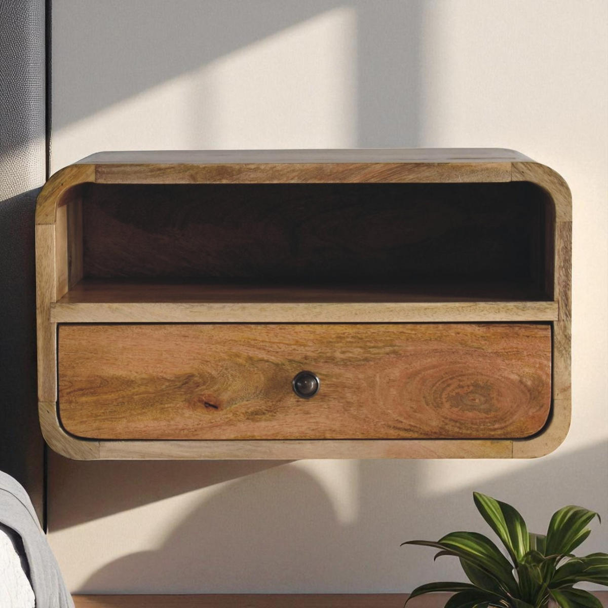 NACHTTISCH Levitate, Wandmontiert, 1 Schublade, 1 Offener Lagerraum, Beige - Beige/Messingfarben, Holz/Metall (45/25/32cm) - Artisan Furniture