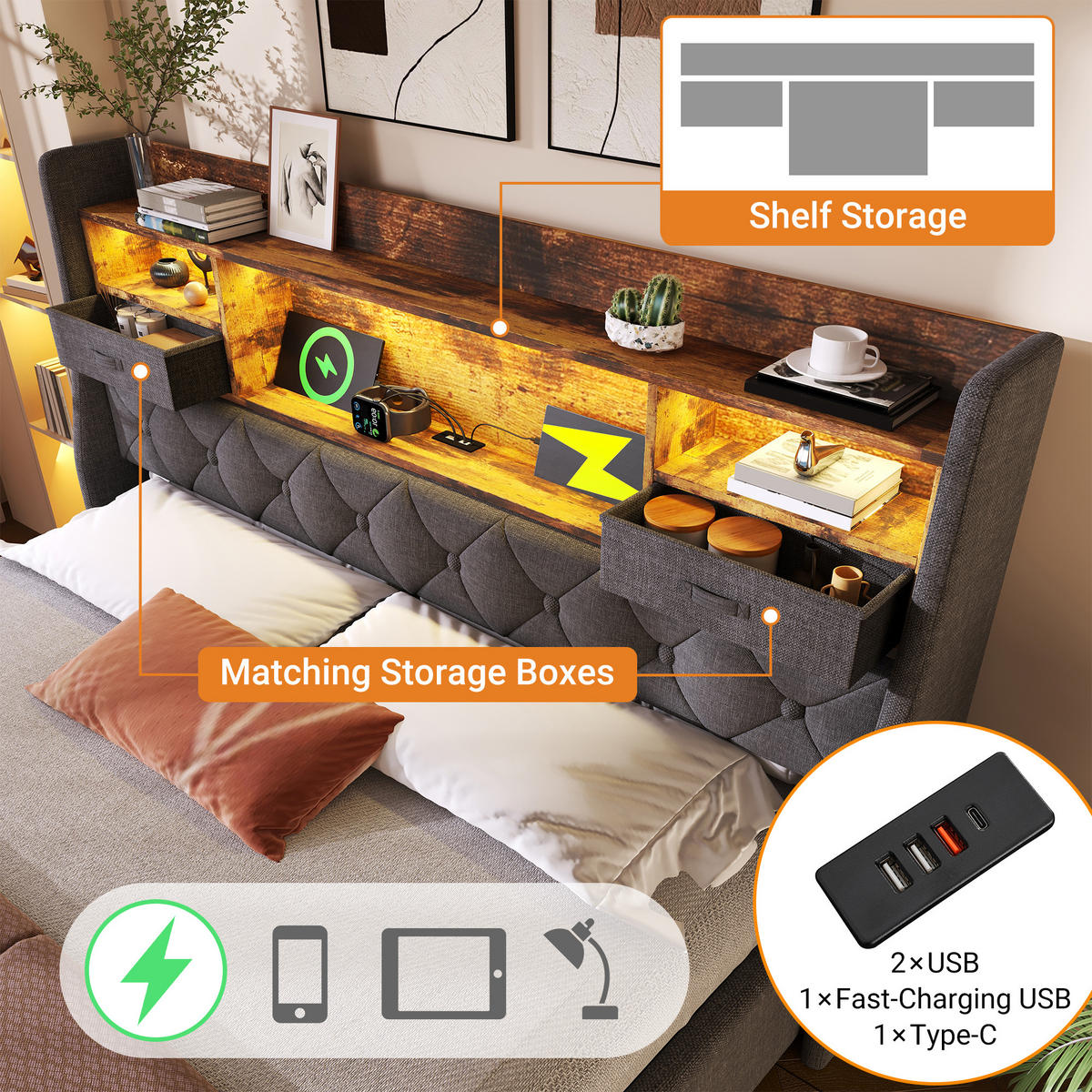 POLSTERBETT 140x200 Grau Leinen LED USB Stauraum - Grau, Naturmaterialen (140/200cm) - FLIEKS