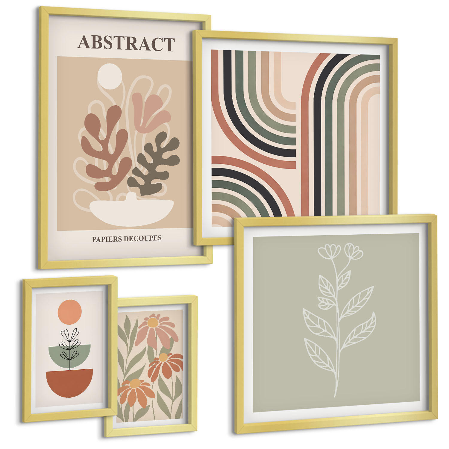 BILDER SET 5er Set - 50x50 cm & 20x30 cm & 40x60 cm Goldrahmen - Abstrakte Pastellpflanzen - Goldfarben, Kunststoff (40/60cm) - TULUP