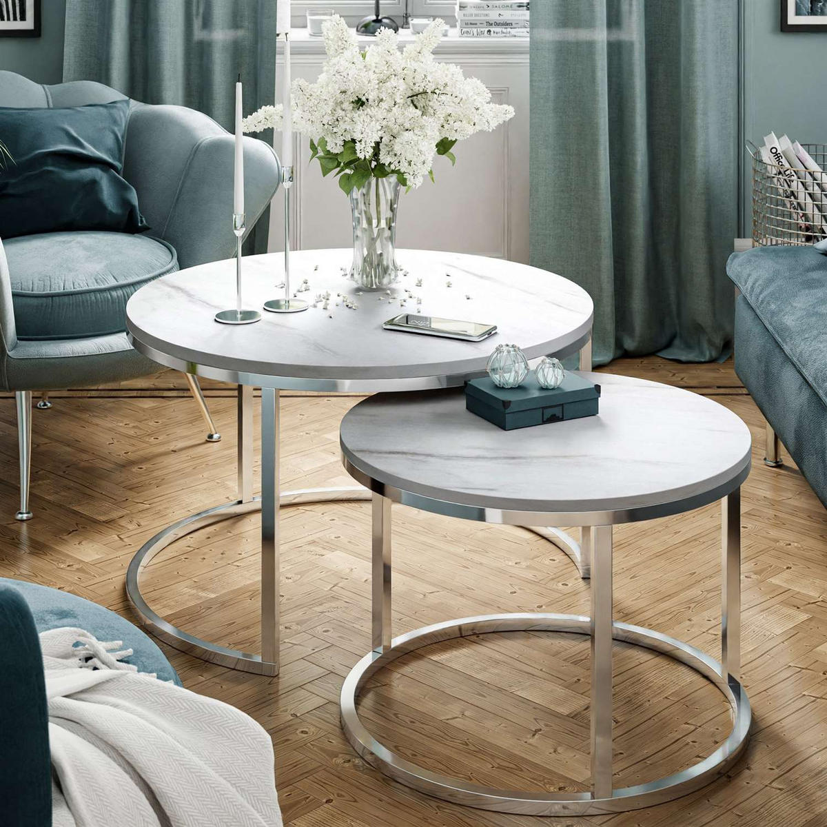 COUCHTISCH 2-in-1 CIRI CHROME LEVANTO - Silberfarben, Holzwerkstoff (70/70/48cm) - Lookway