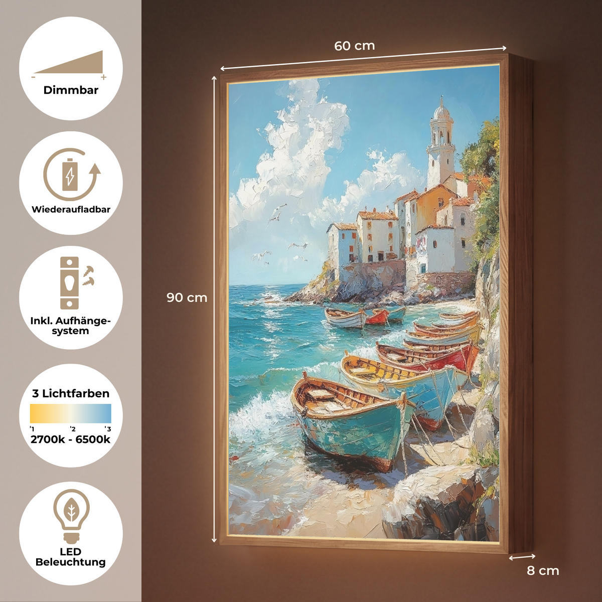 NÁSTĚNNÁ LAMPA S AKUMULÁTOREM Lodě - skály - moře - slunce 60x90 cm - modrá, kompozitní dřevo (60/90/8cm) - OnlyWow