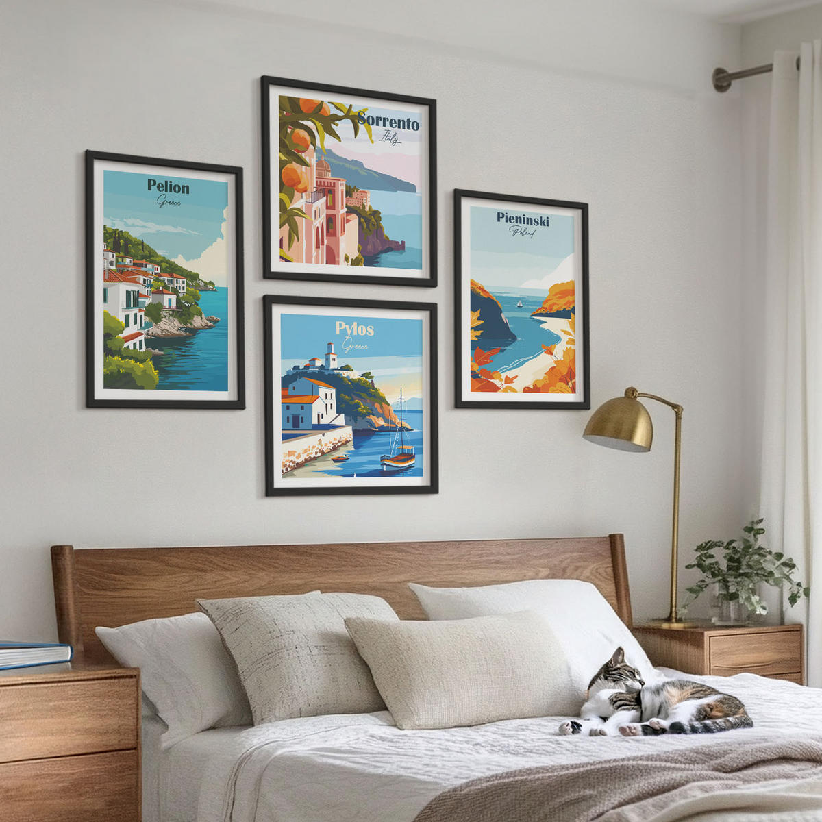WANDBILDER 4er-Set - 50x50 cm & 40x60 cm Schwarzer Rahmen - Retro-Landschaften im malerischen Stil - Schwarz, Kunststoff (50/50cm) - ArtPrintCave