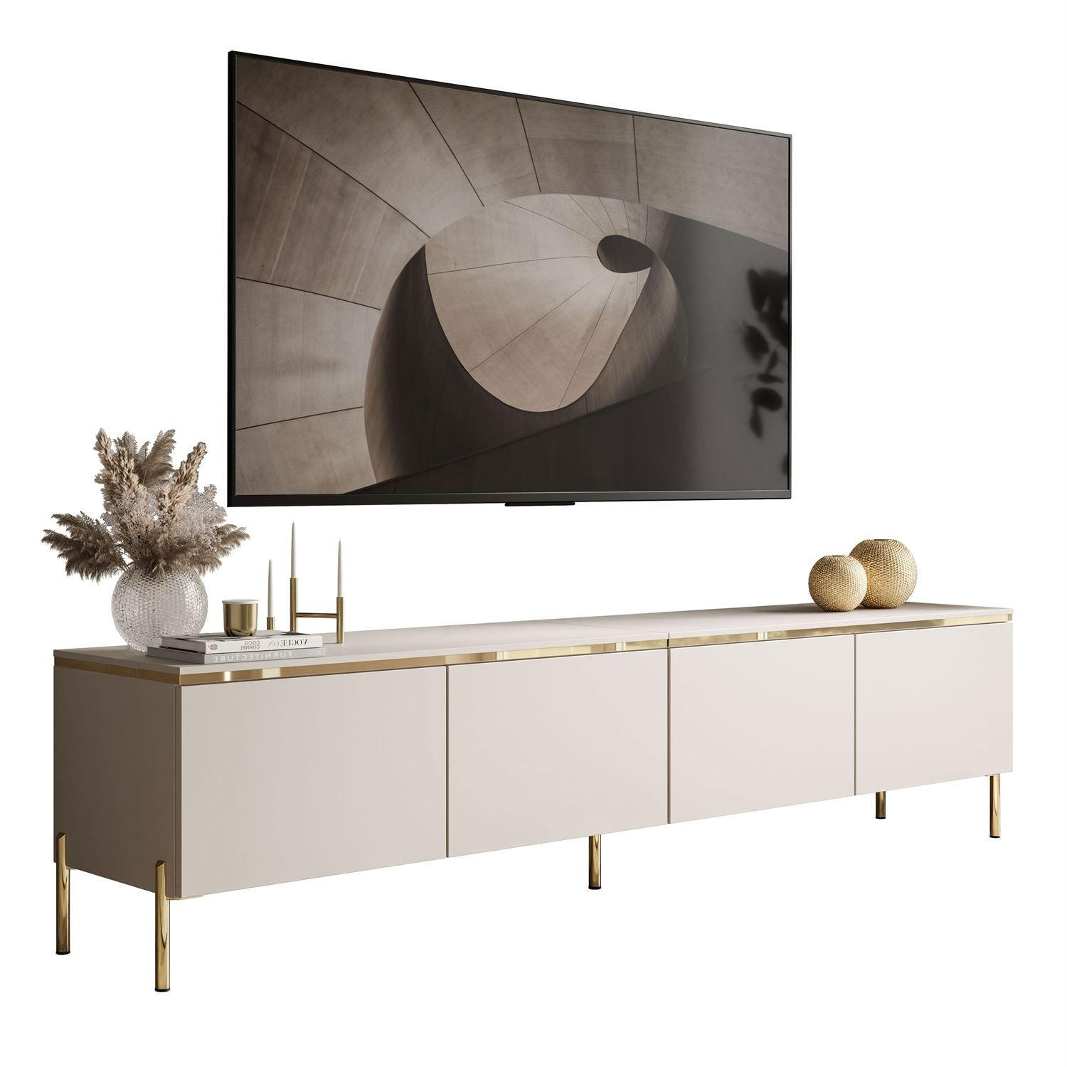 TV-LOWBOARD CELINE KASCHMIR 200 cm auf geraden goldenen Chrom-Beinen - Kaschmir/Goldfarben, Holzwerkstoff/Metall (200/49/40cm) - Lookway