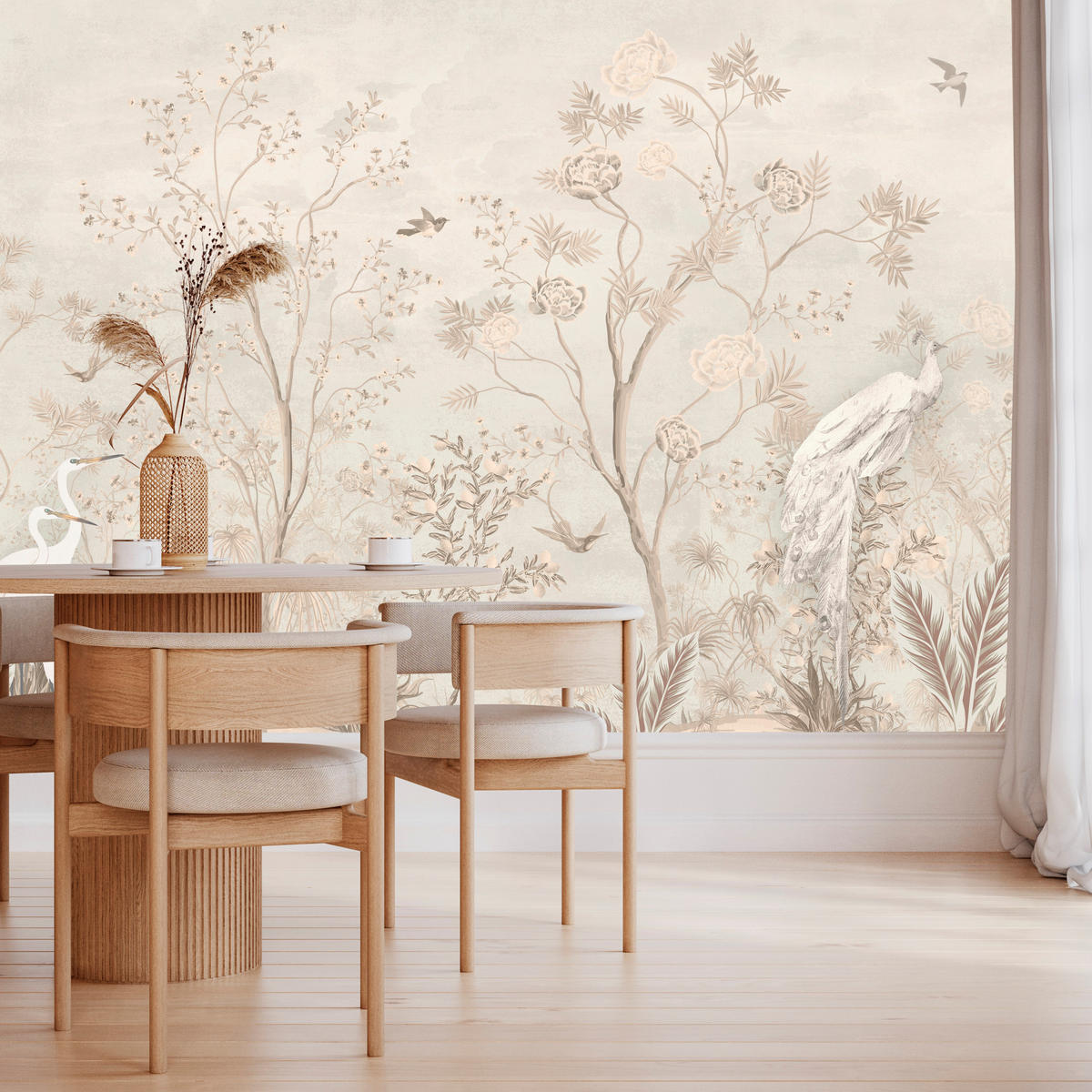 FOTOTAPETE für Esszimmer Weiße Vögel Bäumen Natur Kräne Blumen 450x315 - Beige, Papier (450/315cm) - Muralo