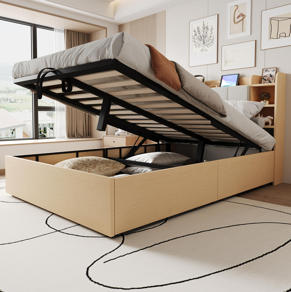 BETT aus MDF 140x200 cm Naturholz mit hydraulischem Stauraum, Kopfteilfächern und USB-C-Anschluss - Naturfarben, Holzwerkstoff (140/200cm) - IVMEU