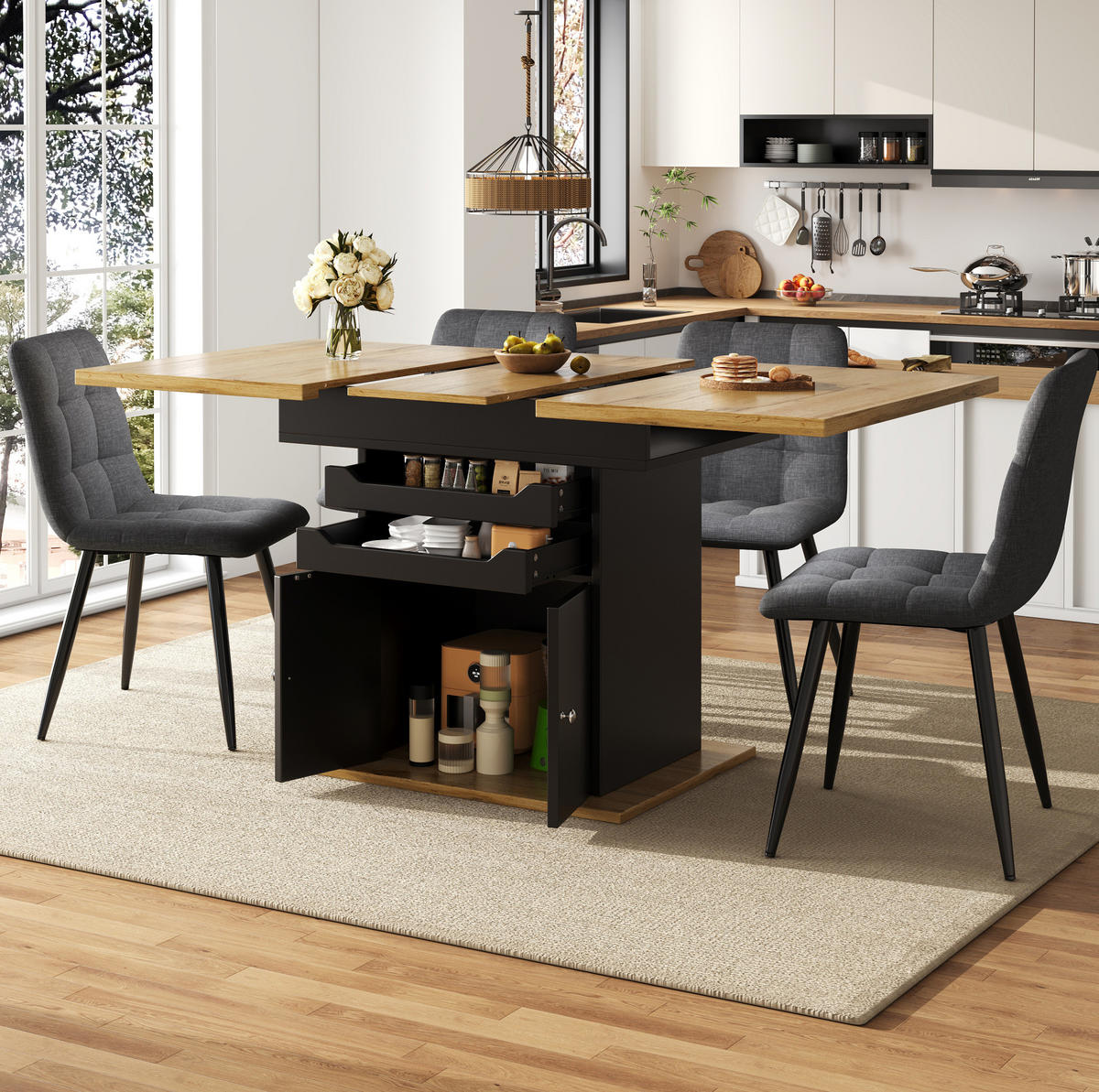 AUSZIEHTISCH 110-140/80/76 cm in Schwarz mit Stauraum für 4-6 Personen - Schwarz, Holzwerkstoff (110/80/76cm) - BEAOK