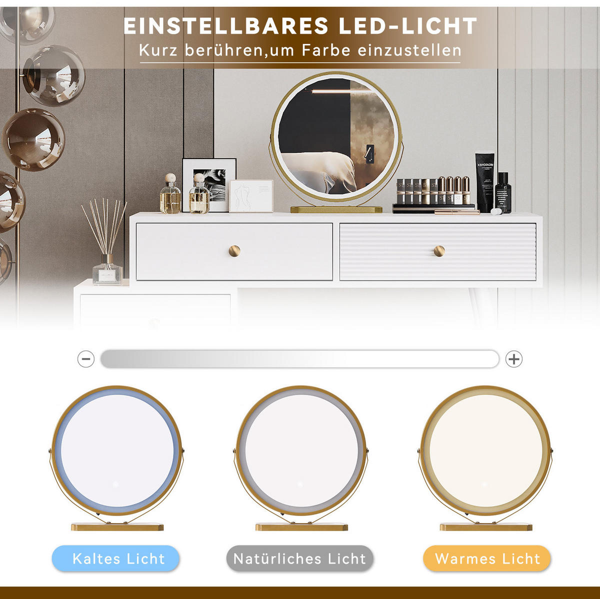 SCHMINKTISCH 100/40/78 cm in Weiß mit LED-Beleuchtung und flexiblem Seitenschrank - Weiß, Holzwerkstoff (40/78.5/100cm) - Flora Grace