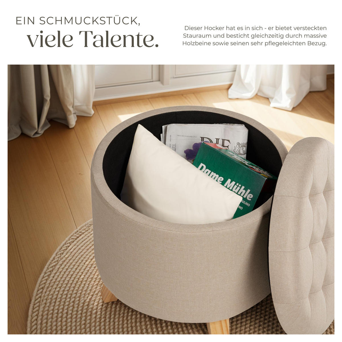 SITZHOCKER mit Stauraum Suna,44,5 x 41,5 cm,Sand - Sandfarben, Holz (44.5/41.5/44.5cm) - tectake