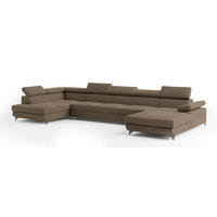 WOHNLANDSCHAFT MONTIVA Beige Velours-Stoff mit Schlaffunktion - Beige, Holz (410/89/190cm) - MASSENO