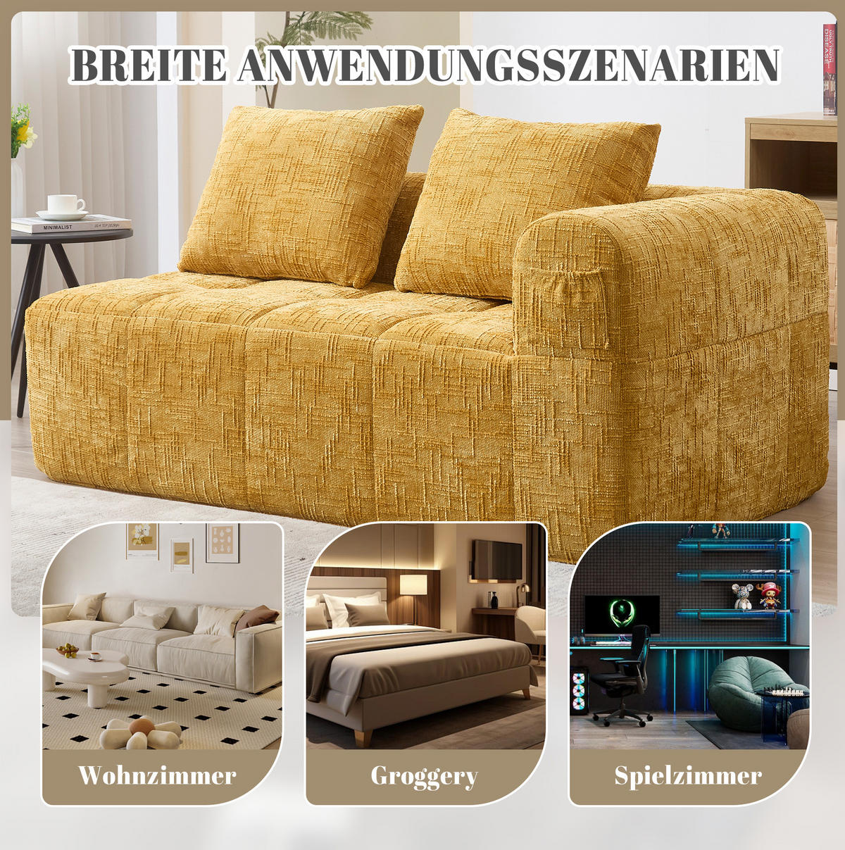 2-SITZER 158/90/60 cm Gelb aus Chenille mit Seitentaschen - Gelb, Textil (90/60/158cm) - OKMYHOME