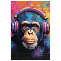 POSTER Graffiti - Schimpanse - Straßenkunst - Kopfhörer - Affe 20x30 cm - Blau, Papier (20/30/0.1cm) - MuchoWow