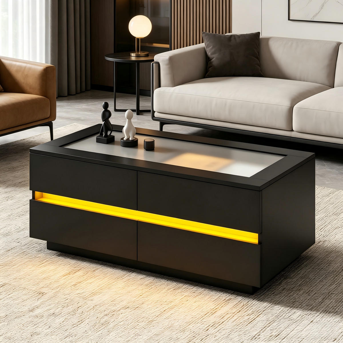 COUCHTISCH DE-37135 mit 4 Schubladen, Glasplatte und LED Schwarz - Schwarz, Holzwerkstoff (100/50/40cm) - ComfortXL