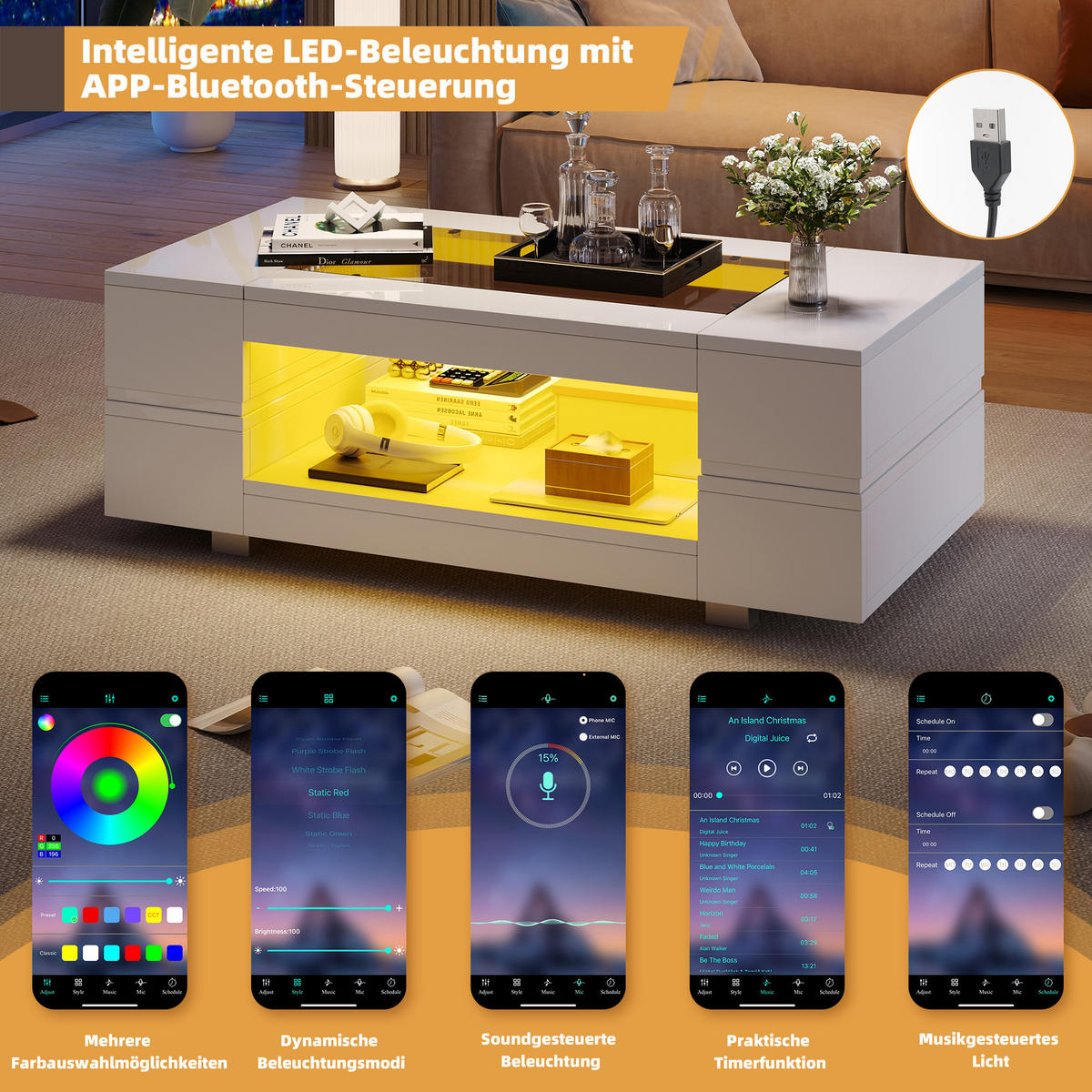 COUCHTISCH, mit LED-App-Steuerung, Glasplatte & 2 Ebenen Stauraum, 100/50/35 cm, weiß - Weiß, Holzwerkstoff (100/50/35cm) - Redom